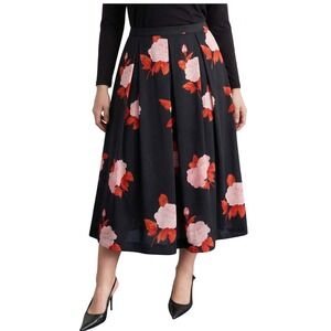 Who What Wear Floral Rose Midi Skirt Women Size 16 Black Pink New Pleated A-Line